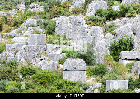 Lycian sarcophagi in Turkey Kale soft Stock Photo