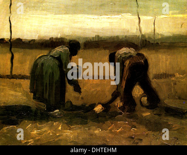 Peasant and Peasant Woman Planting Potatoes - by Vincent van Gogh, 1885 Stock Photo