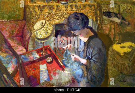 The Small Drawing-Room: Mme Hessel at Her Sewing Table - by Édouard Vuillard , 1917 Stock Photo