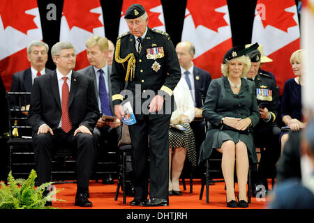 Stephen Harper, Prime Minister of Canada, Prince Charles, Prince of Wales and Camilla, Duchess of Cornwall attending the 1812 Commemorative Military Muster Ceremony at Fort York Armoury during the 2012 Royal Tour of Ontario celebrating Her Majesty's Diamo Stock Photo