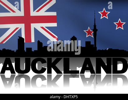 Auckland skyline and text reflected with rippled New Zealand flag illustration Stock Photo