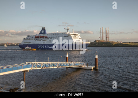 Netherlands, IJmuiden, DFDS ferry to Newcastle leaving the harbor for the North Sea Stock Photo