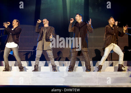 Kian Egan, Shane Filan, Mark Feehily and Nicky Byrne of Westlife perform live on stage at the SECC during their 'Greatest Hits - Farewell Tour' Glasgow, Scotland - 27.05.12 Stock Photo