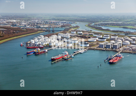 Netherlands, Rotterdam, Port, Harbour. Oil storage. Aerial Stock Photo