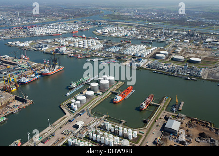 Netherlands, Rotterdam, Port, Harbour. Oil storage. Aerial Stock Photo