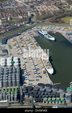 Netherlands, Rotterdam, Port, Harbour. Quay for Roll On, Roll Off, RORO ferries. Aerial Stock Photo