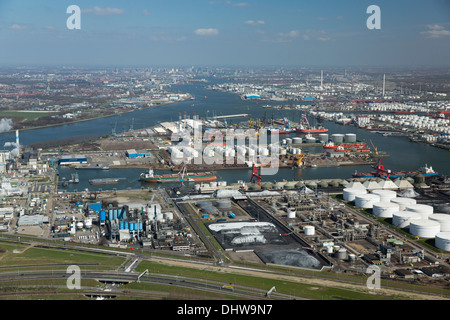 Netherlands, Rotterdam, Port, Harbour. Oil storage. Aerial Stock Photo