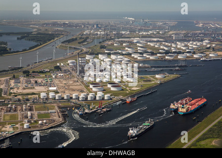 Netherlands, Rotterdam, Port of Rotterdam. Oil storage in area called Petroleumhaven. Aerial Stock Photo