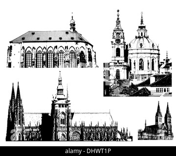 landmarks of Prague - Prague castle, Vysehrad, Church of Saint Nicolas and Church of the Virgin Mary of Snow Stock Photo