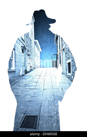 Stone buildings and pavers in an old city alley inside the outline of a man in a trench coat. Stock Photo