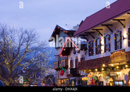 The town of Leavenworth decorated in Christmas lights for the holiday season, Washington. Stock Photo