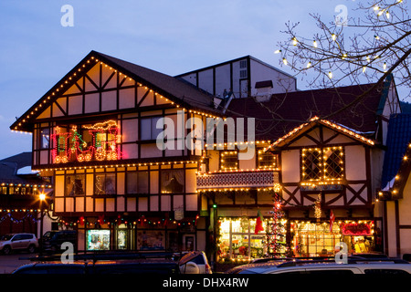 The town of Leavenworth decorated in Christmas lights for the holiday season, Washington. Stock Photo