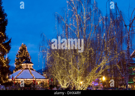 The town of Leavenworth decorated in Christmas lights for the holiday season, Washington. Stock Photo