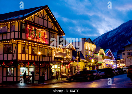 The town of Leavenworth decorated in Christmas lights for the holiday season, Washington. Stock Photo