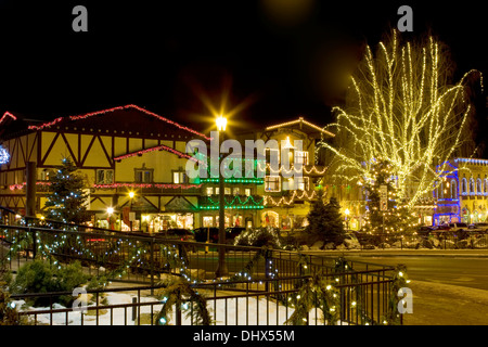 The town of Leavenworth decorated with Christmas lights for the holiday season, Washington. Stock Photo