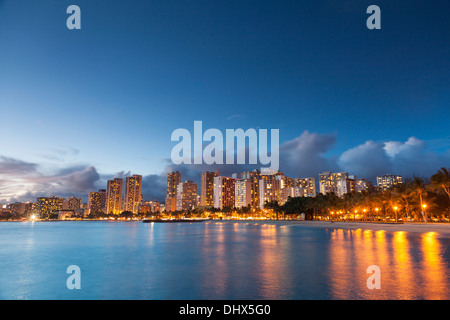 USA, Hawaii, Oahu, Honolulu, Waikiki Beach and Honolulu Skyline Stock Photo