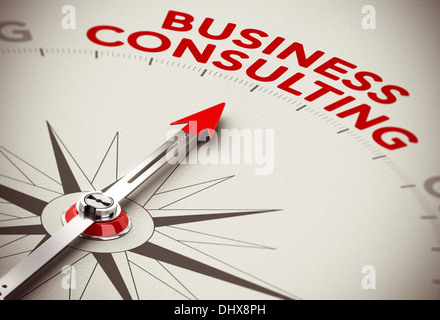 Realistic concept of strategic business. Compass needle pointing the red word business consulting over a paper background