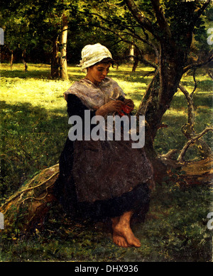 A Peasant Girl Knitting - by Jules Breton Stock Photo