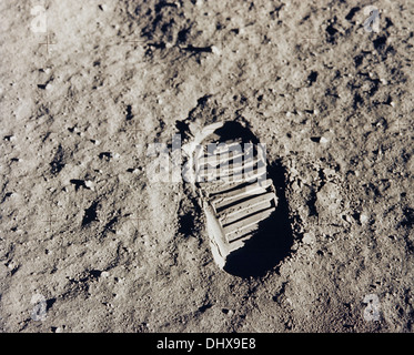 Apollo 11 astronaut Edwin Buzz Aldrin photographed this footprint in the lunar soil on the moon. Stock Photo