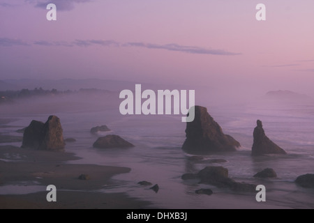 Sea stacks along Bandon Beach after sunset, Bandon Beach State Park, Oregon. Stock Photo