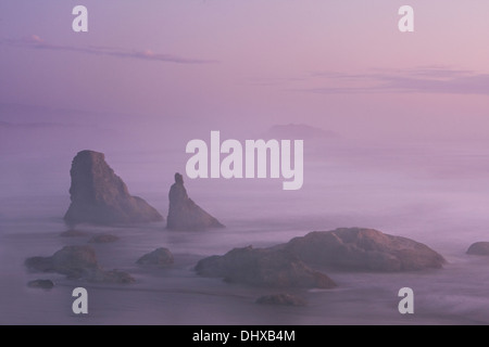 Sea stacks along Bandon Beach after sunset, Bandon State Natural Area, Bandon, Oregon. Stock Photo