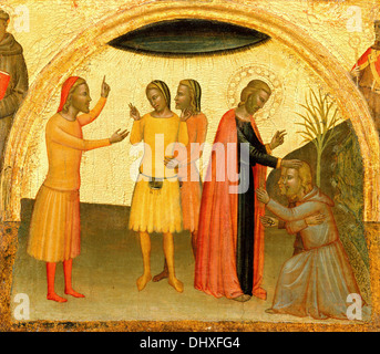 Saint John the Evangelist with Acteus and Eugenius - by Francescuccio Ghissi, 1370 Stock Photo