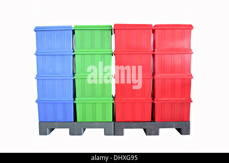Arranged vertically Plastic box Packaging of finished goods on white background. Stock Photo