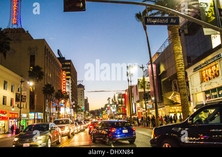 Hollywood Blvd from the intersection of Highland Ave looking west at dusk Stock Photo
