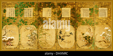 Birds and Flowers of the Twelve Months with Chinese Calligraphy - by Kano School, 1553 Stock Photo