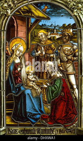 Adoration of the Magi - by Circle of Peter Hemmel von Andlau, 1507, Stained glass, Germany Stock Photo