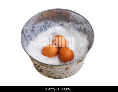 Eggs in a bucket. Isolated on white background. Stock Photo