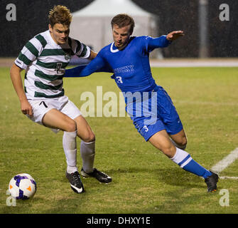 Charlotte, North Carolina, USA. 15th Nov, 2013. Kentucky Defender CHARLIE REYMANN battles Charlotte Forward GIUSEPPE GENTILE for the ball. The Charlotte 49ers beat the Kentucky Wildcats 1 to 0 during the semifinals match at the 2013 Conference USA Men's Soccer Championships held at Transamerica Field in Charlotte, NC. © Jason Walle/ZUMAPRESS.com/Alamy Live News Stock Photo