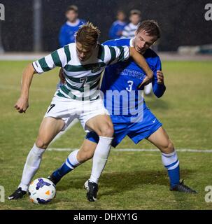 Friday, November 15, 2013 - The Charlotte 49ers beat the Kentucky Wildcats 1 to 0 during the semifinals match at the 2013 Conference USA Men's Soccer Championships held at Transamerica Field in Charlotte, NC. Charlotte Forward Giuseppe Gentile battles Kentucky Defender Charlie Reymann for the ball. Stock Photo