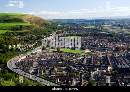 View of Port Talbot and the M4 motorway from Mynydd Dinas, Neath Port talbot, South Wales. Stock Photo