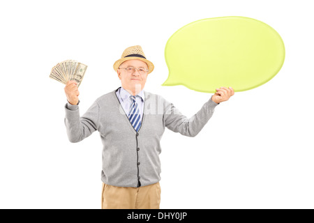 Senior happy gentleman holding an empty speech bubble and us dollars Stock Photo