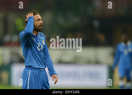 Milan, Italy. 15th Nov, 2013. Italy's Andrea Pirlo gestures during the friendly soccer match between Italy and Germany at Giuseppe Meazza Stadium (San Siro) in Milan, Italy, 15 November 2013. Photo: Andreas Gebert/dpa/Alamy Live News Stock Photo