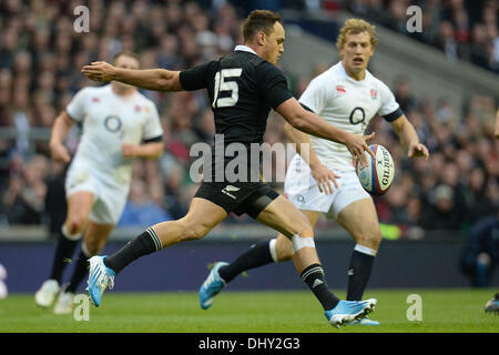 Twickenham, UK. 16th Nov, 2013. New Zealand's Israel Dagg, kicks the ball during the QBE International rugby union match between England and New Zealand played in Twckenham Stadium, on November 16, 2013 in Twickenham, England. Credit:  Mitchell Gunn/ESPA/Alamy Live News Stock Photo