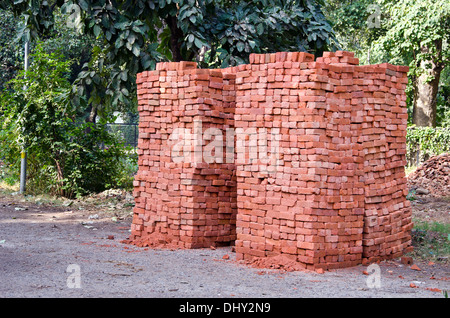 red clay bricks stacks in Amritsar,Punjab,India Stock Photo