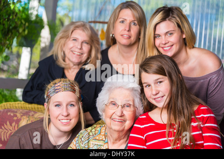 Family portrait of six women at ages from 11 to 93 years old Stock Photo