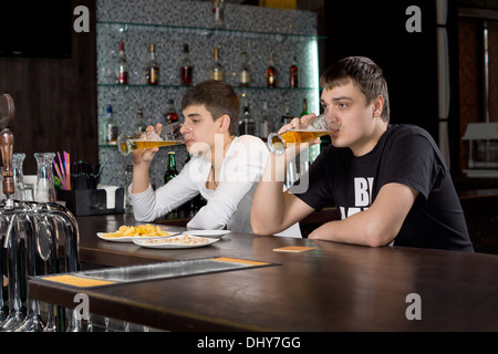 Two young men relaxing at the bar sitting at the counter together drinking beer Stock Photo