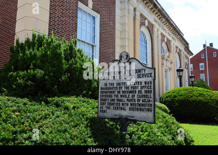 Sign outside post office commemorating first complete county free rural delivery service, Westminster , Maryland , USA Stock Photo