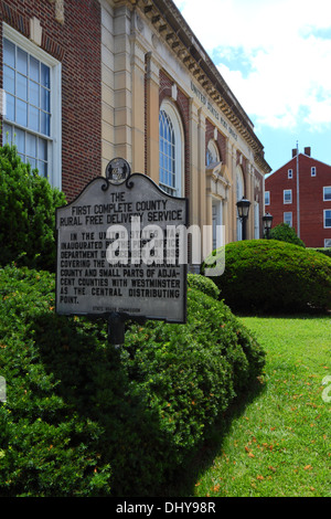 Sign outside post office commemorating first complete county free rural delivery service, Westminster , Maryland , USA Stock Photo