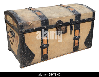 Old wooden trunk with metal elements isolated on white. Stock Photo
