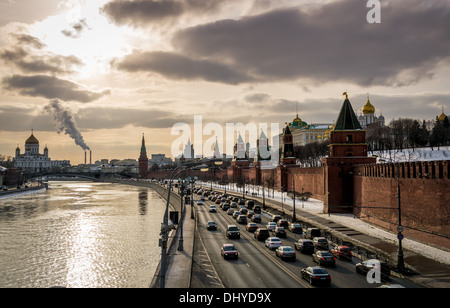 View of the Moskva River with the Kremlin and Cathedral of Christ the Saviour in the background in Moscow. Stock Photo