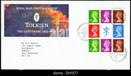 Commemorative Royal Mail 18p 24p 39p 1st & 2nd postage stamp first day cover for Tolkien Centenary 1892 - 1992 issue postmark Edinburgh 27 October 1992 Stock Photo
