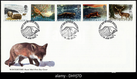 Commemorative Royal Mail 18p 24p 28p 33p & 39p postage stamp first day cover for Wintertime issue postmark Brecon 14 January 1992 Stock Photo