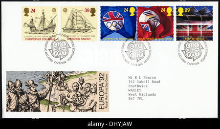 Commemorative Royal Mail 24p & 39p postage stamp first day cover for Europa 1992 issue postmark Edinburgh 7 April 1992 Stock Photo