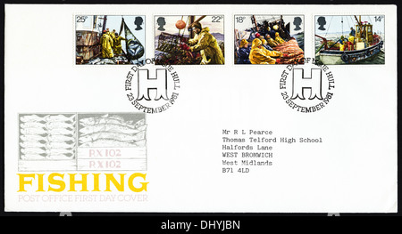Commemorative Post Office 14p 18p 22p & 25p postage stamp first day cover for Fishing issue postmark Hull 23 September 1981 Stock Photo