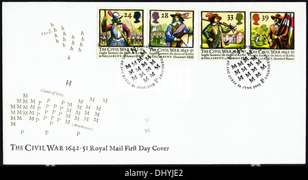 Commemorative Royal Mail 24p 28p 33p & 39p postage stamp first day cover for Civil War 1642 - 1651 issue postmark Banbury Oxfordshire 16 June 1992 Stock Photo