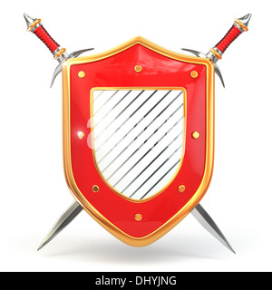 Shield and sword on white isolated background. Security concept. 3d ...